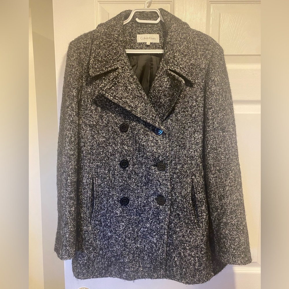 Calvin Klein Black & White Tweed Double-Breasted Peacoat